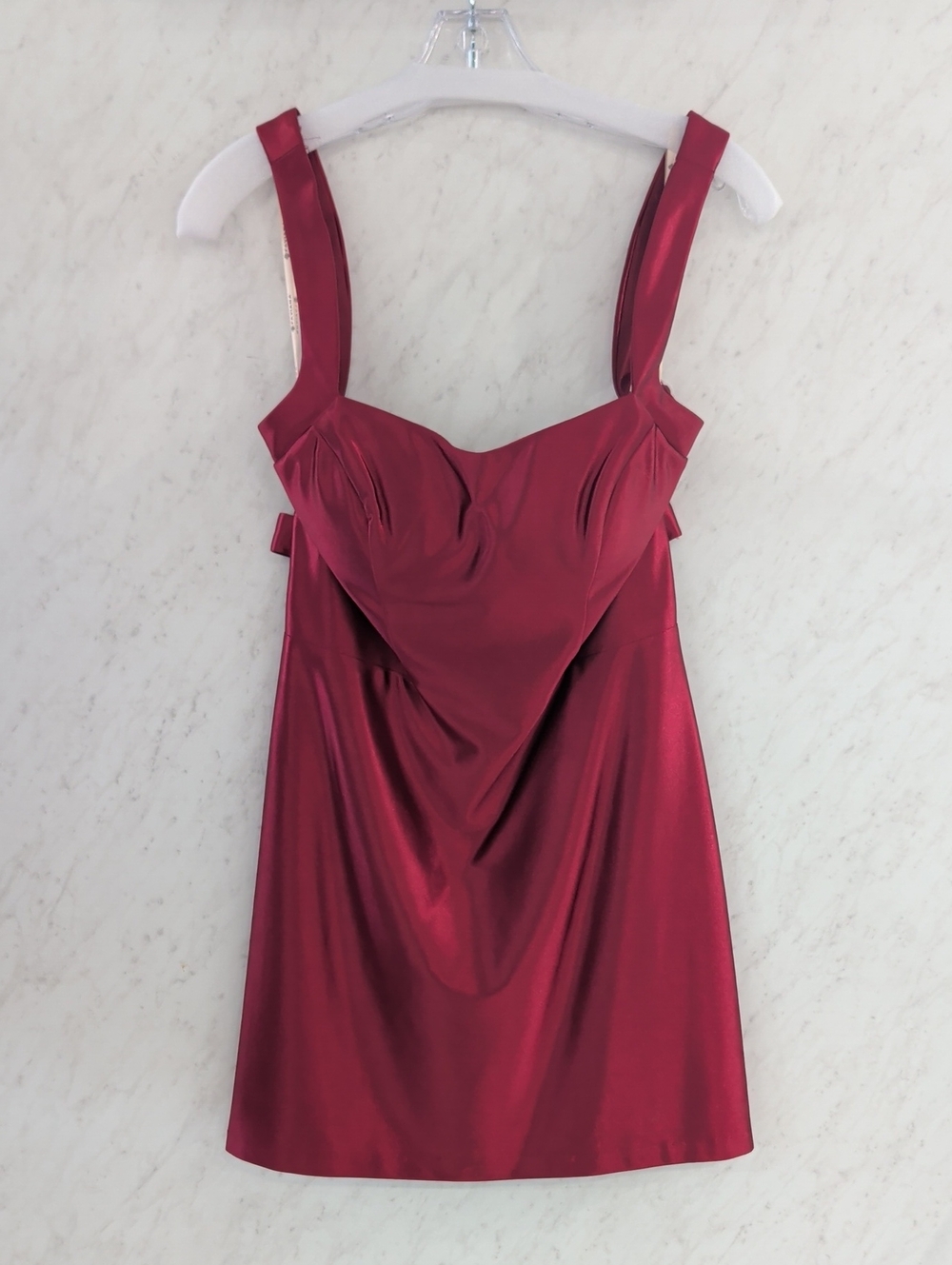 Faviana Satin Mini Dress in Wine Red